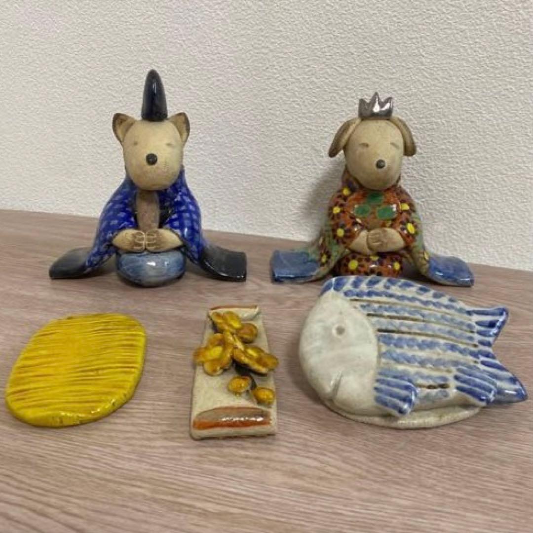 一点物　希少　益子焼　陶器雛人形 犬の嫁入り　陶器製 雛道具付