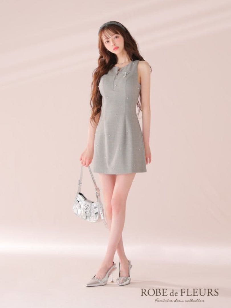 ローブドフルール キャバクラ ドレス ビジュー リボン グレー ワンピース