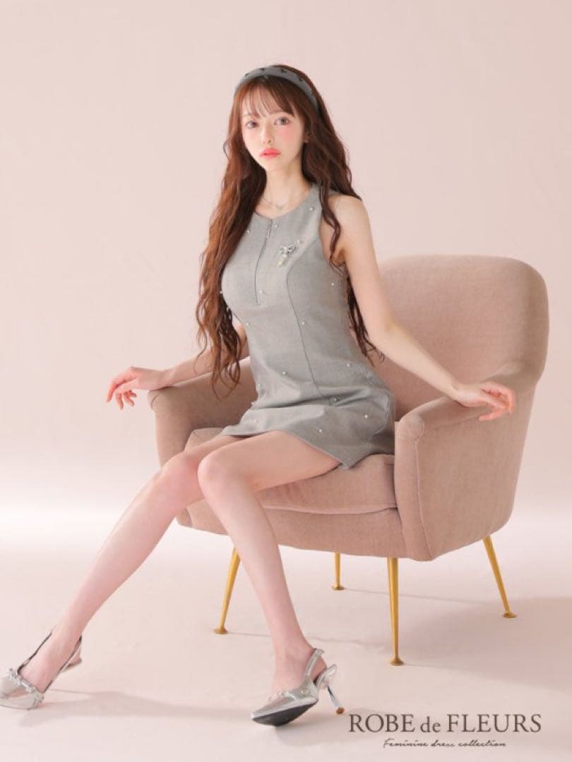 ローブドフルール キャバクラ ドレス ビジュー リボン グレー ワンピース