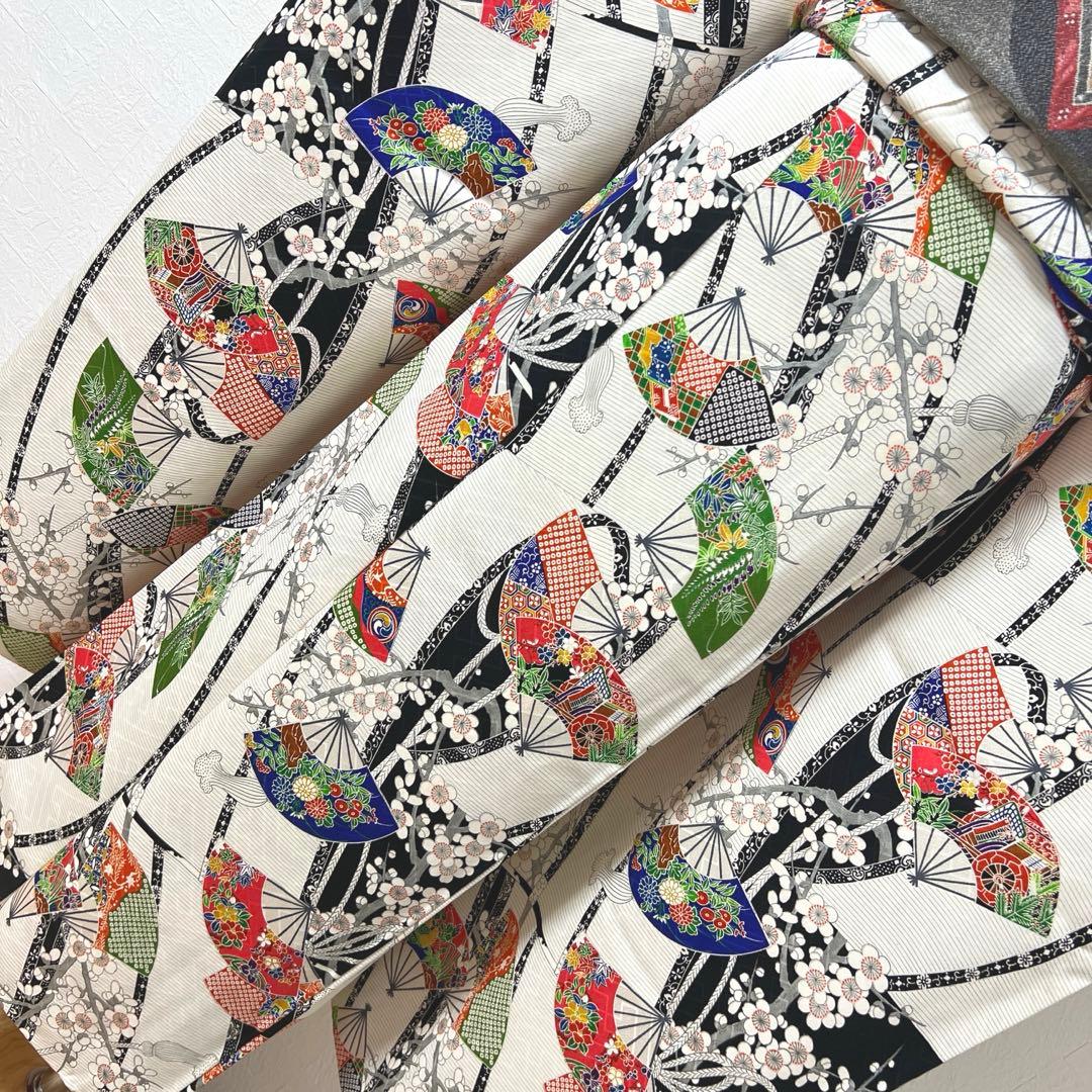 462 振袖フルセット 正絹 白 オフホワイト 小紋 扇面 梅 レトロ カラフル