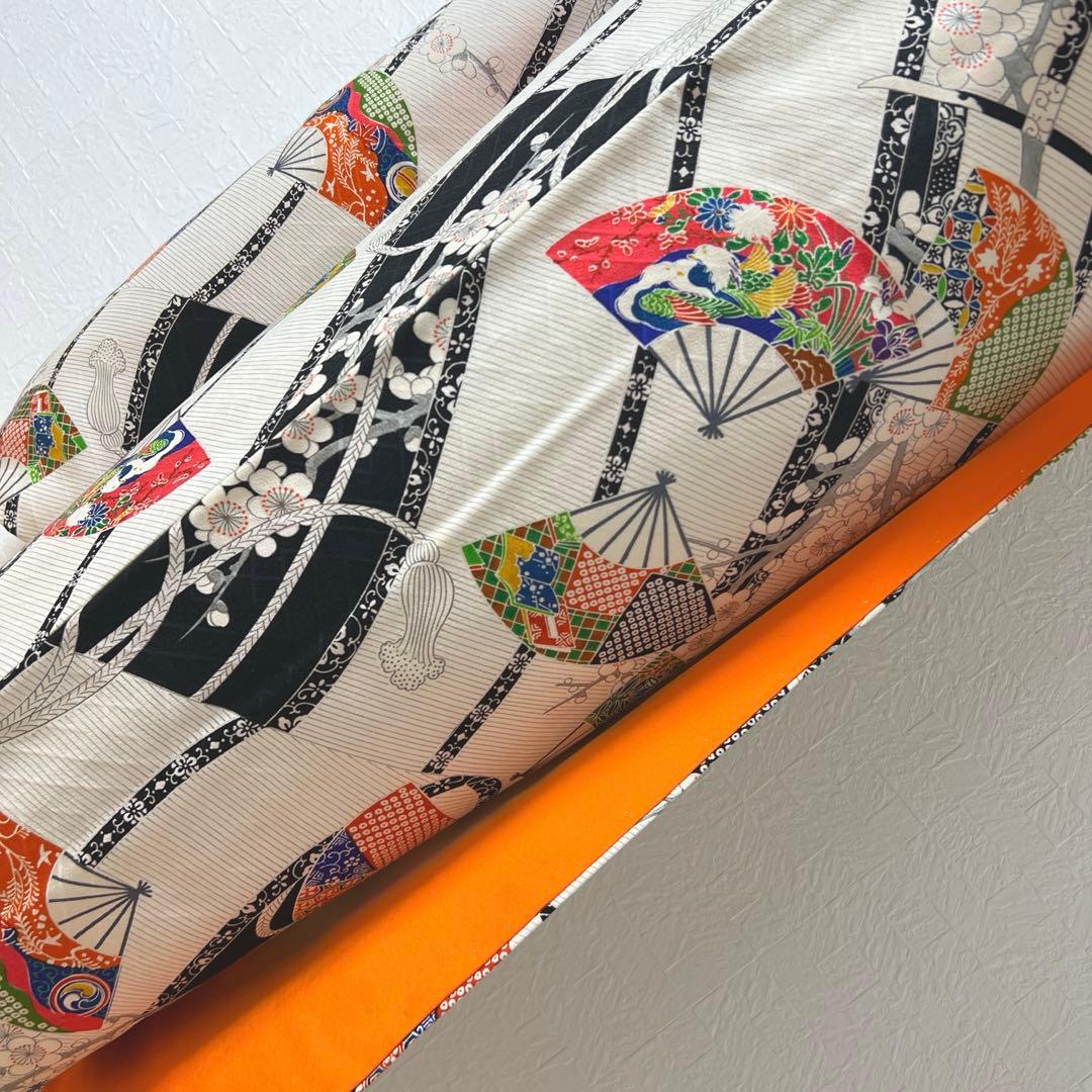 462 振袖フルセット 正絹 白 オフホワイト 小紋 扇面 梅 レトロ カラフル