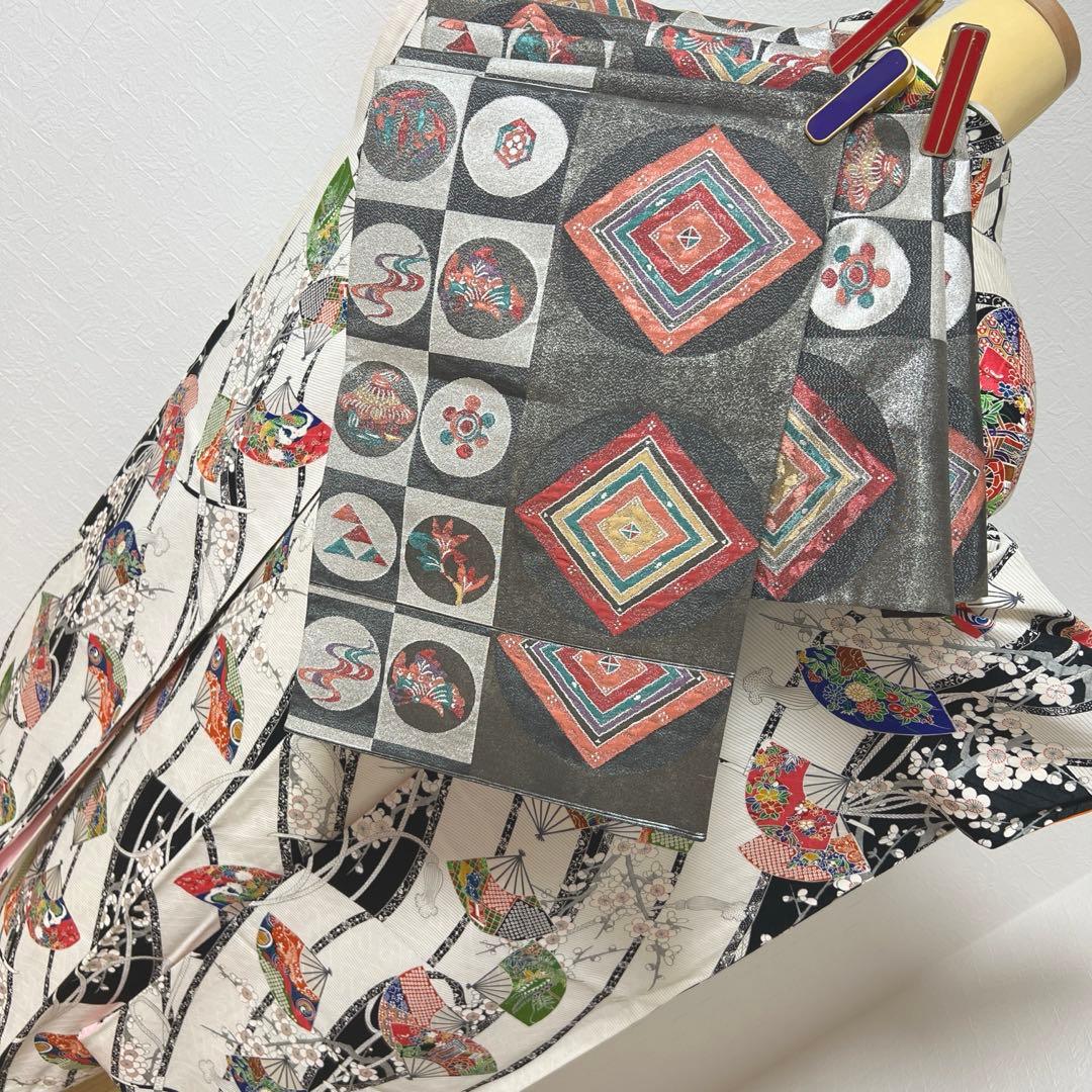 462 振袖フルセット 正絹 白 オフホワイト 小紋 扇面 梅 レトロ カラフル