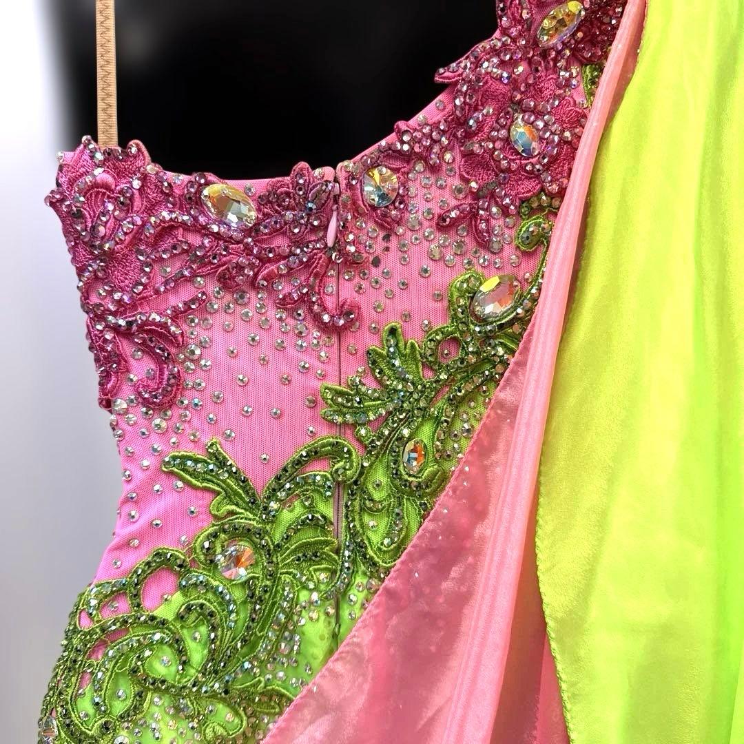 6329★S ネオングリーン ピンク スワロ スタンダードドレス 社交ダンス