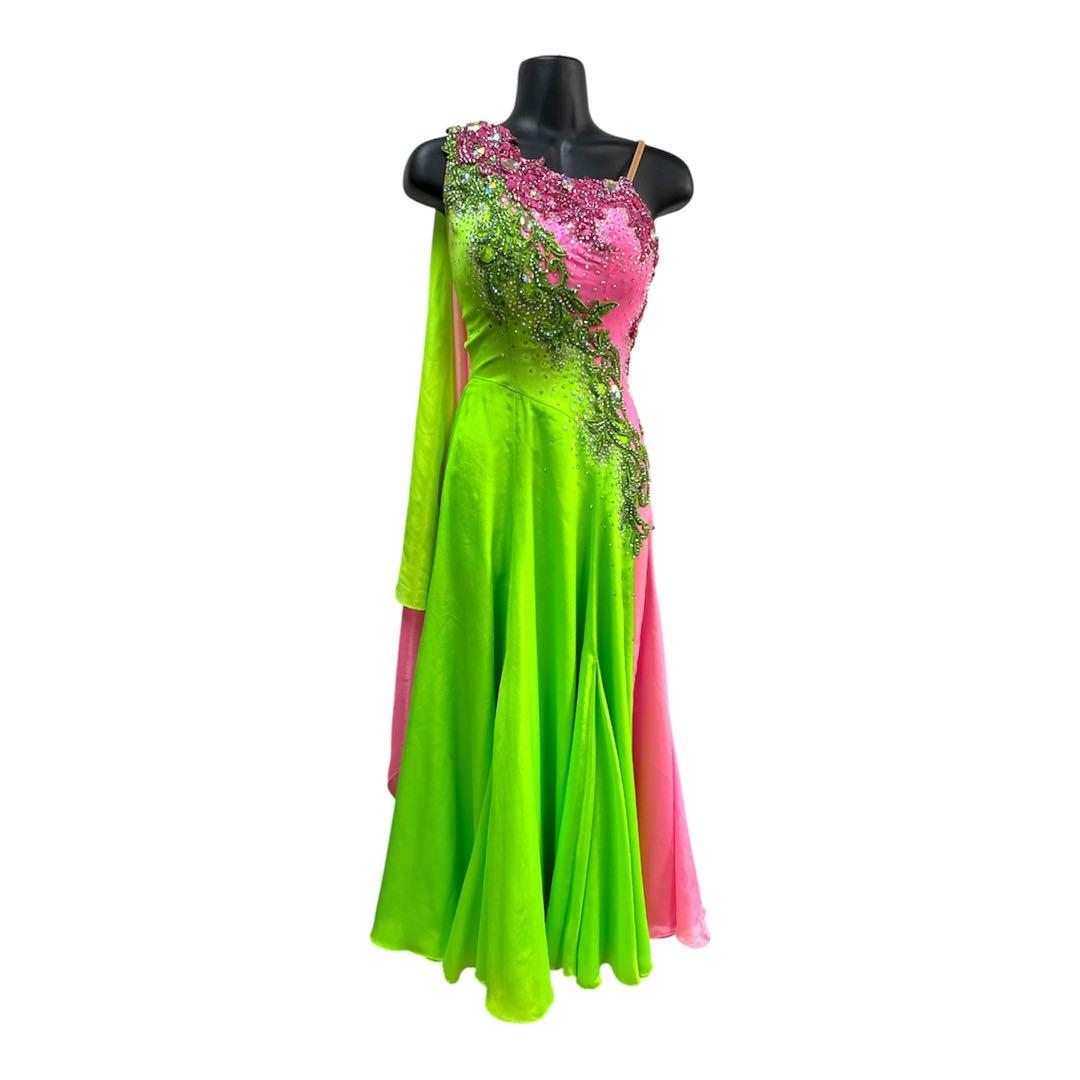 6329★S ネオングリーン ピンク スワロ スタンダードドレス 社交ダンス
