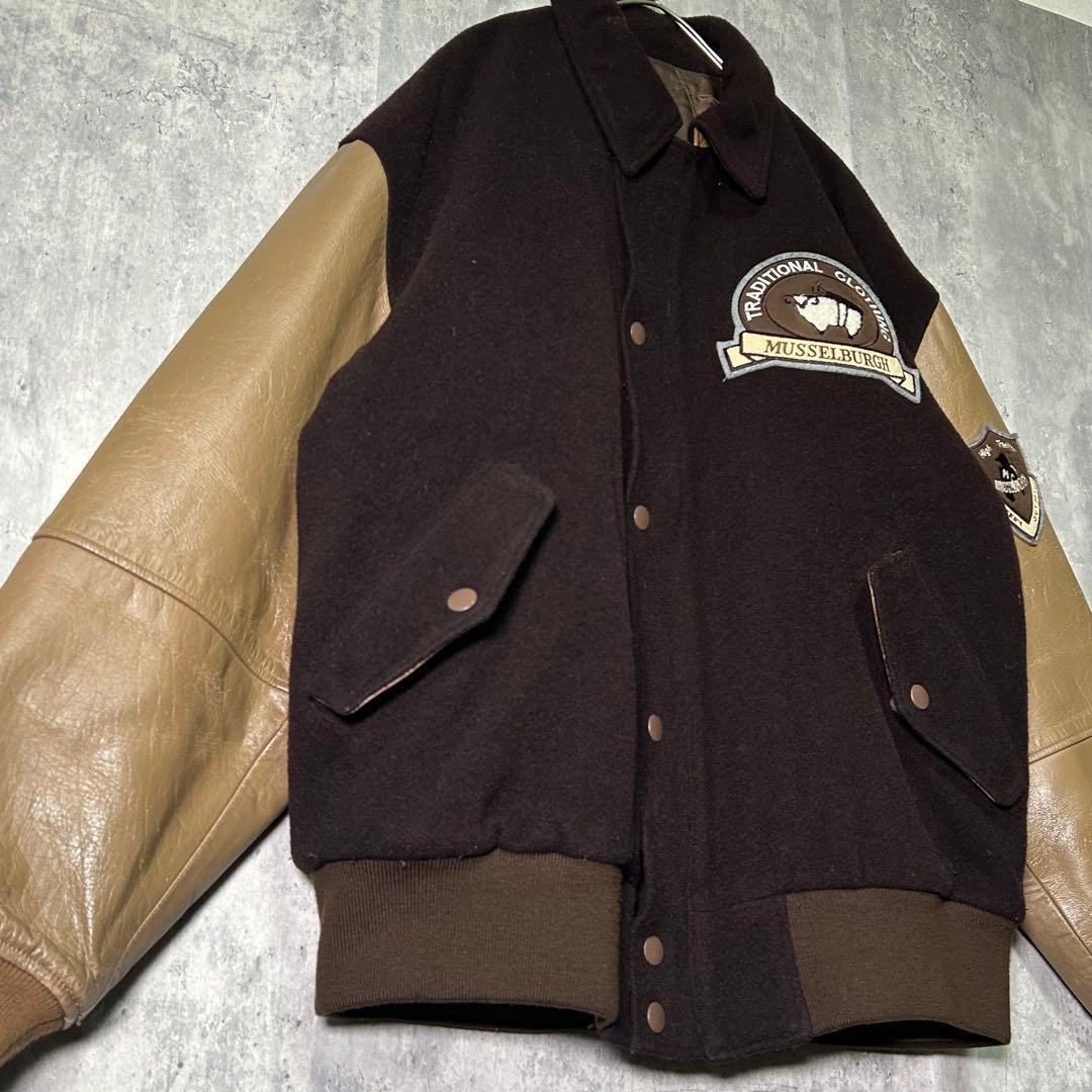 好配色 ヴィンテージ スタジャン レザー ウール 刺繍ワッペン 茶色 日本製