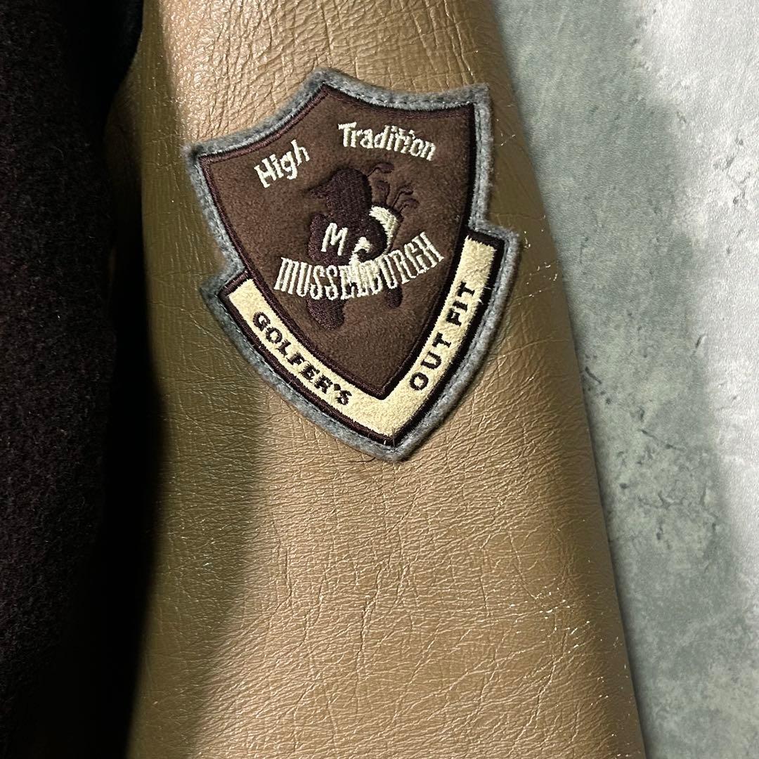 好配色 ヴィンテージ スタジャン レザー ウール 刺繍ワッペン 茶色 日本製