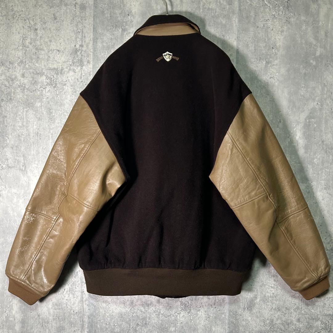 好配色 ヴィンテージ スタジャン レザー ウール 刺繍ワッペン 茶色 日本製