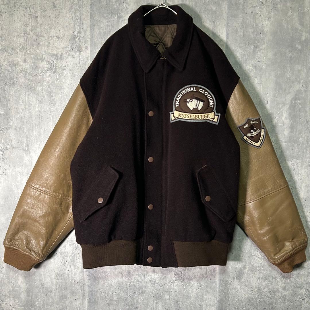 好配色 ヴィンテージ スタジャン レザー ウール 刺繍ワッペン 茶色 日本製