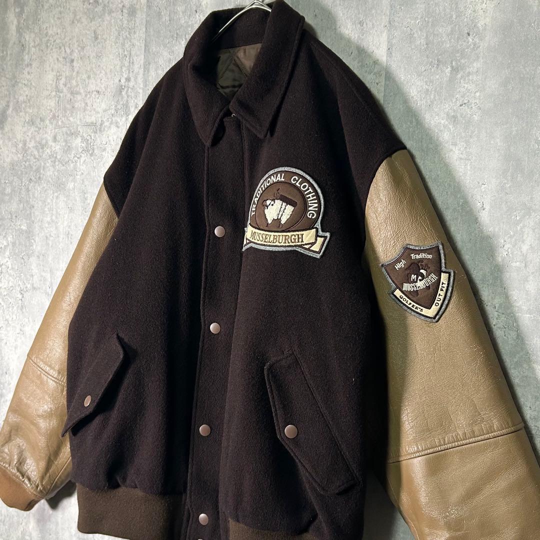 好配色 ヴィンテージ スタジャン レザー ウール 刺繍ワッペン 茶色 日本製