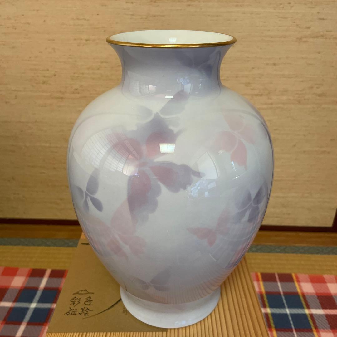 深川製磁　薄紫色 花模様 陶器 花瓶 木製箱付き