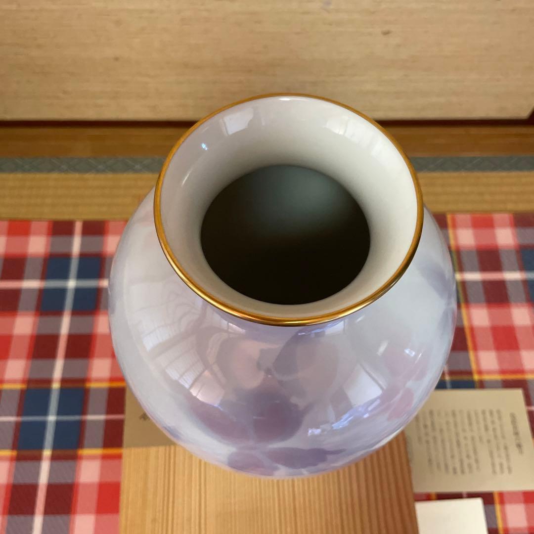深川製磁　薄紫色 花模様 陶器 花瓶 木製箱付き