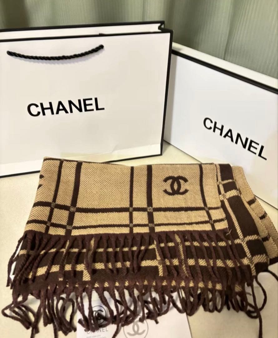 CHANEL チェック柄ウールスカーフ ベージュ ブラウン 180x30cm