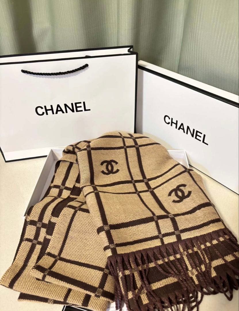 CHANEL チェック柄ウールスカーフ ベージュ ブラウン 180x30cm