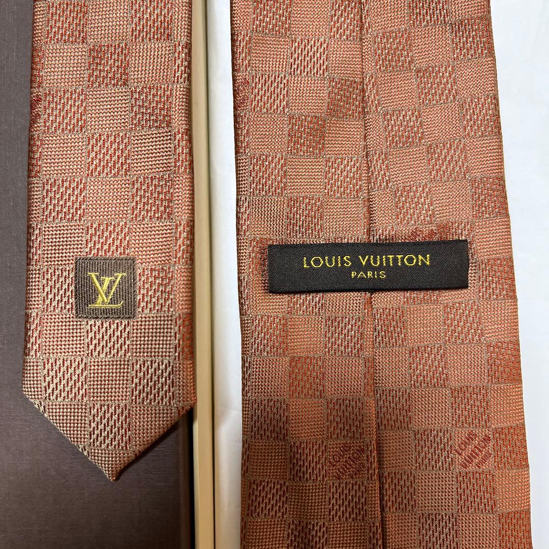 美品　LVルイヴィトン　ネクタイ　オレンジ　ダミエ柄　シルクジャガード