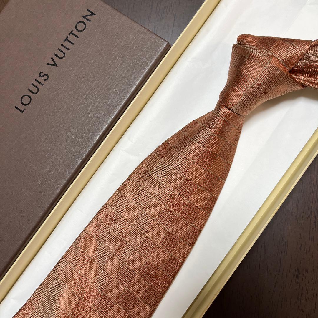 美品　LVルイヴィトン　ネクタイ　オレンジ　ダミエ柄　シルクジャガード