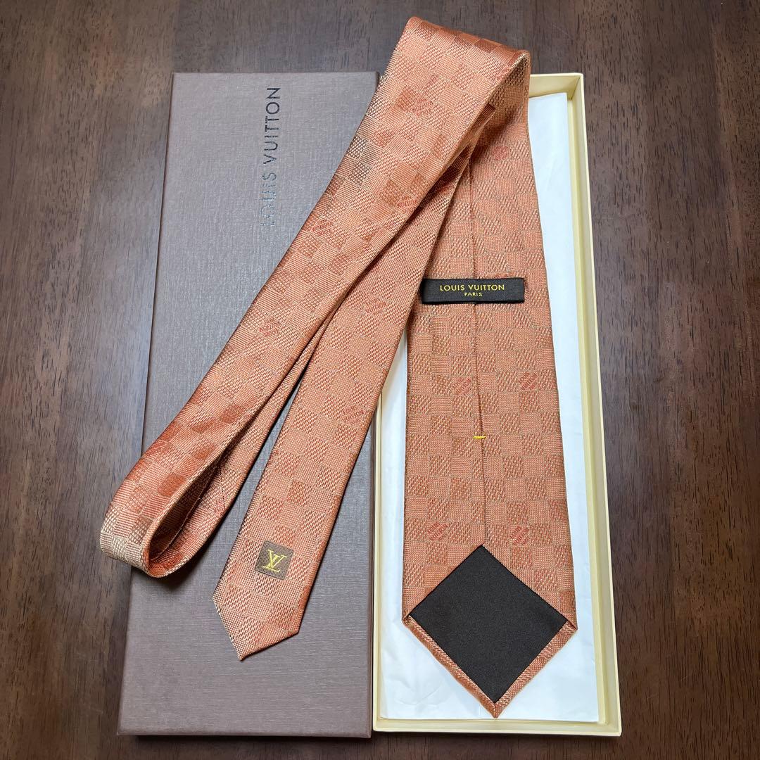 美品　LVルイヴィトン　ネクタイ　オレンジ　ダミエ柄　シルクジャガード