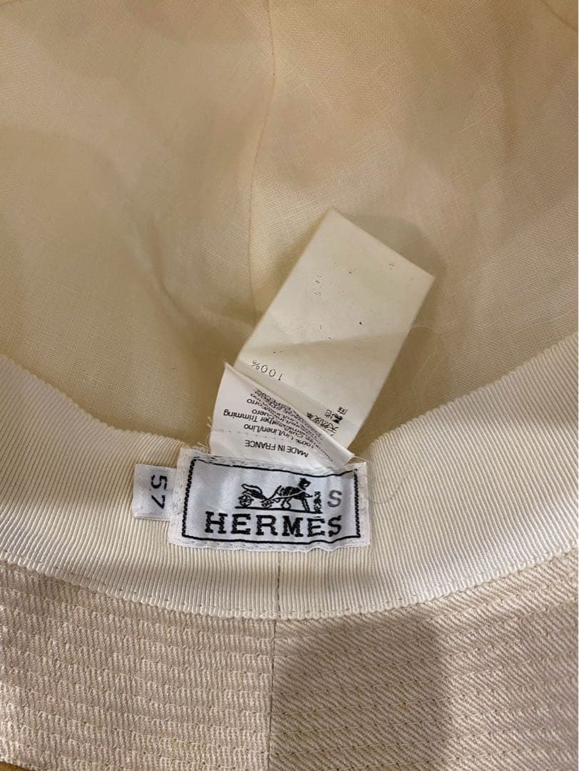HERMES ベージュ キャメル　ハット 帽子　S エルメス　57 レザー　麻