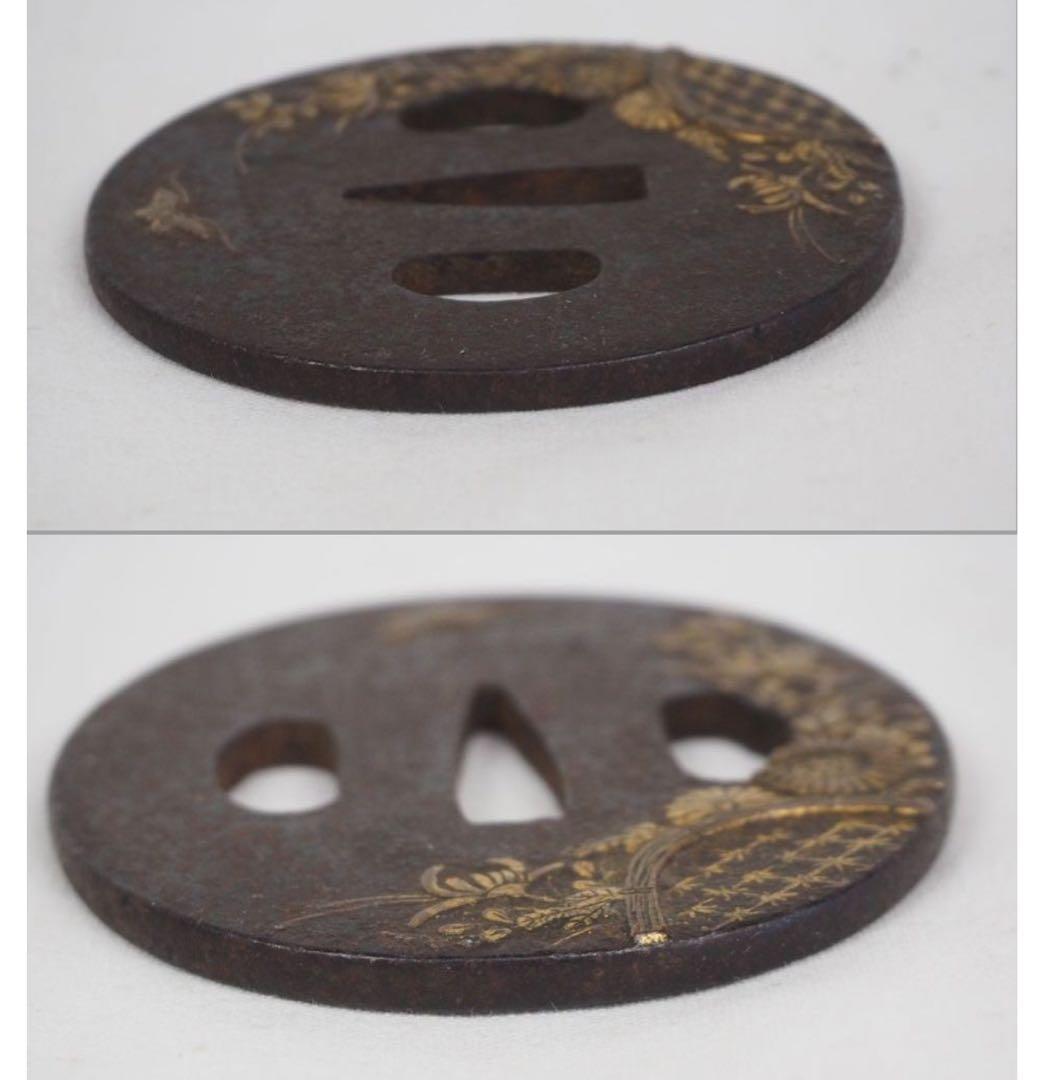 サンデイー　送料無料 江戸時代　金象嵌　蝶々花文鍔　刀剣美術