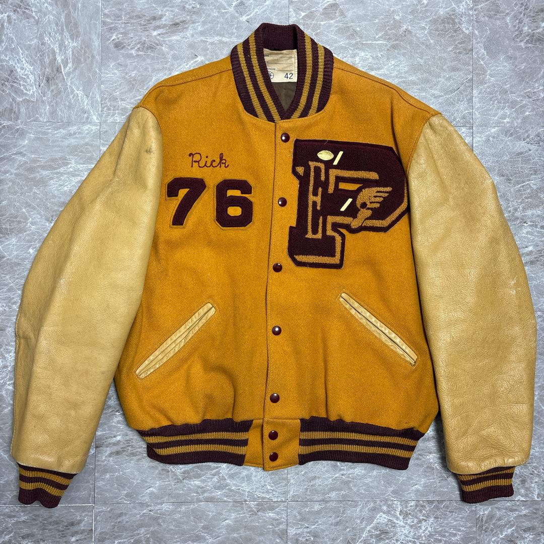 希少 70s ヴィンテージ スタジャン レターマンジャケット 42 レザー袖