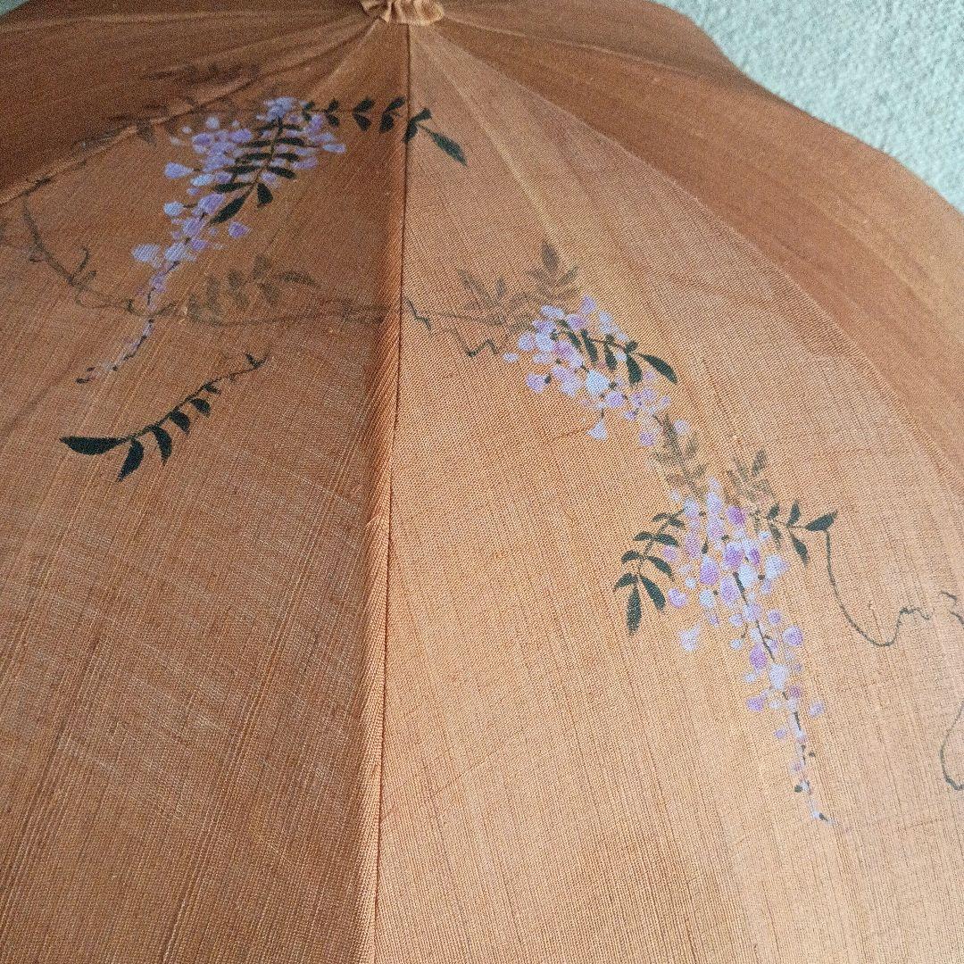 麻の日傘　柿渋染　日本製 藤の花 木製持ち手　手染め