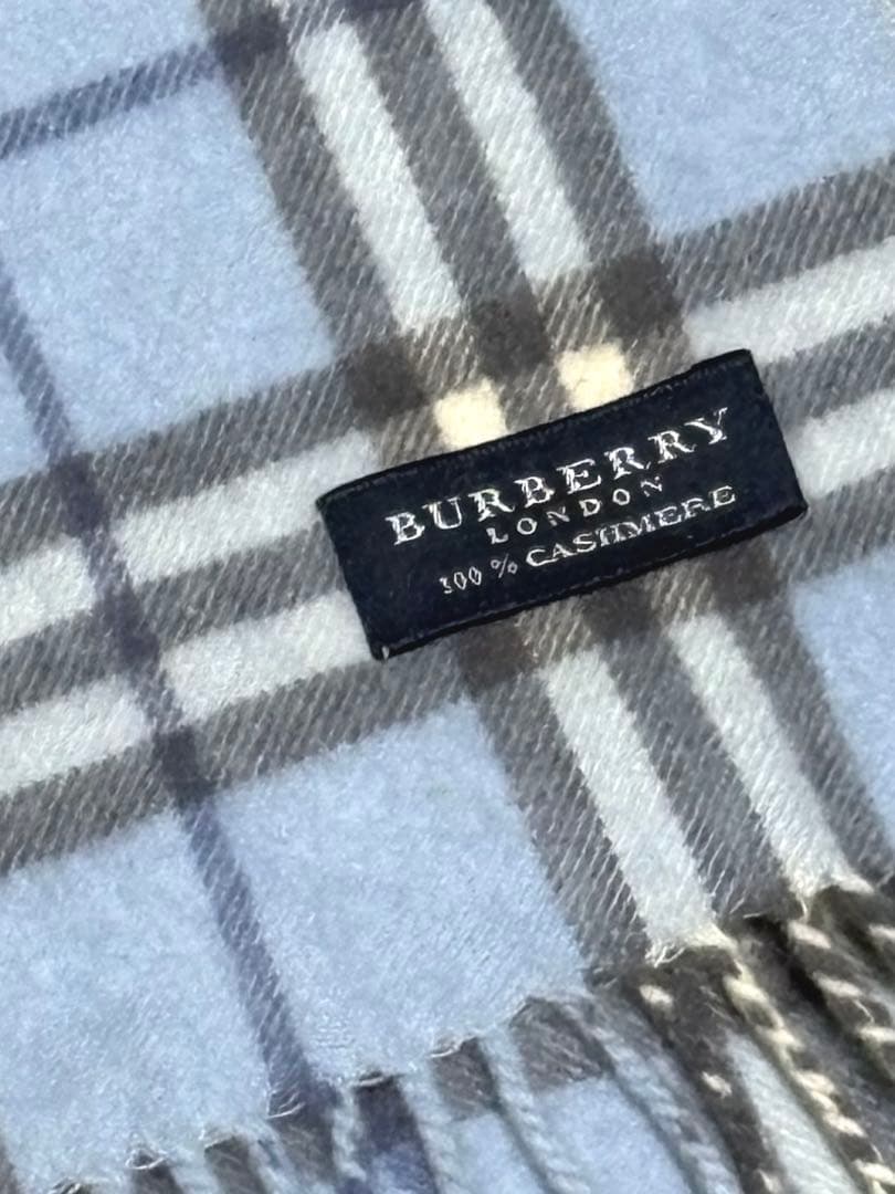 【美品】バーバリー マフラー ノバチェックライトブルー カシミヤ100% 希少