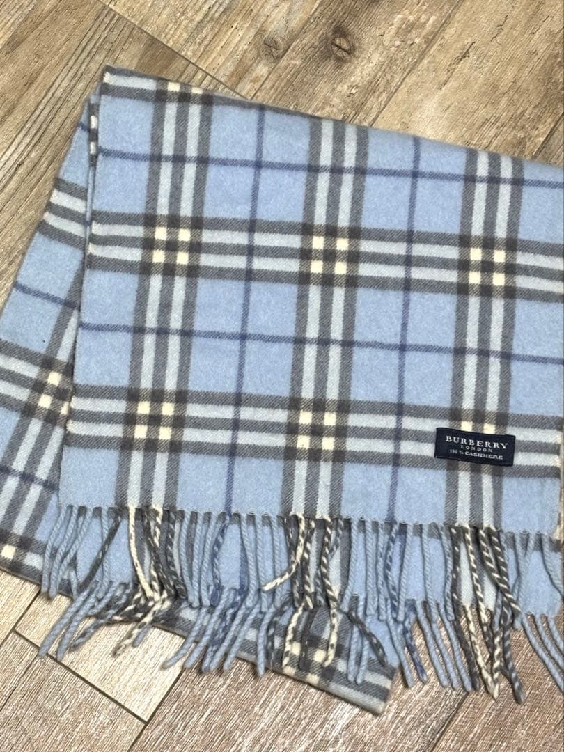 【美品】バーバリー マフラー ノバチェックライトブルー カシミヤ100% 希少