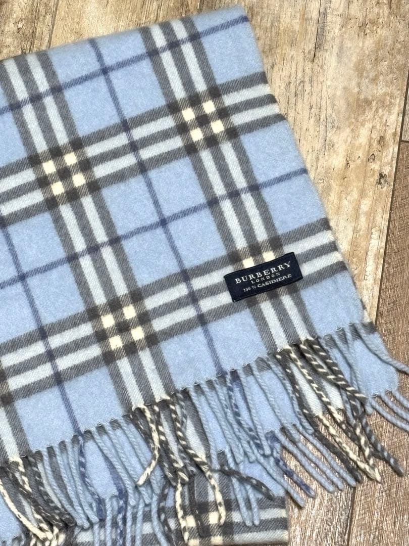 【美品】バーバリー マフラー ノバチェックライトブルー カシミヤ100% 希少