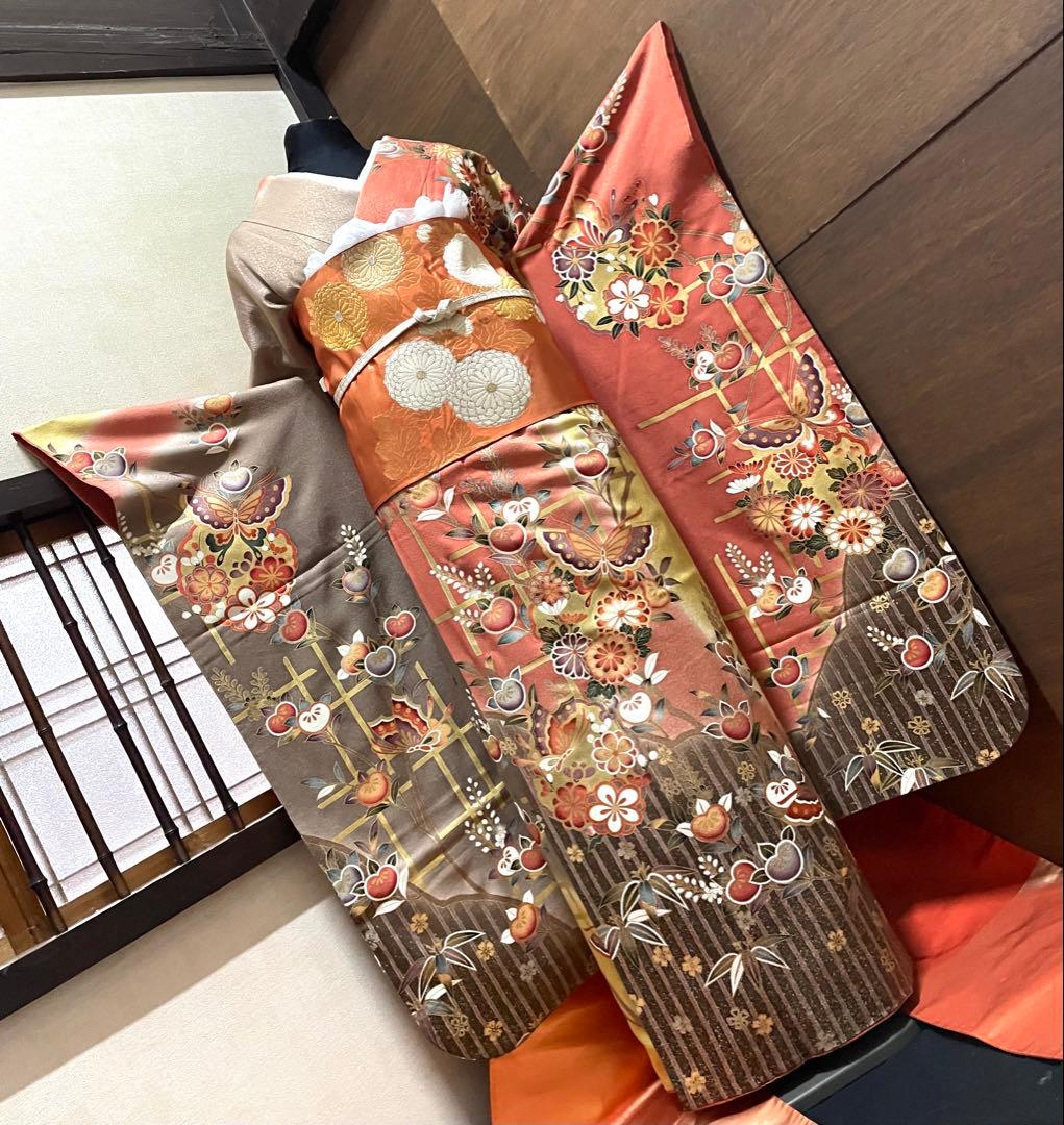 振袖フルセット6点サイズM〜Ｌ舞蝶花文　暈し染め　金彩　正絹