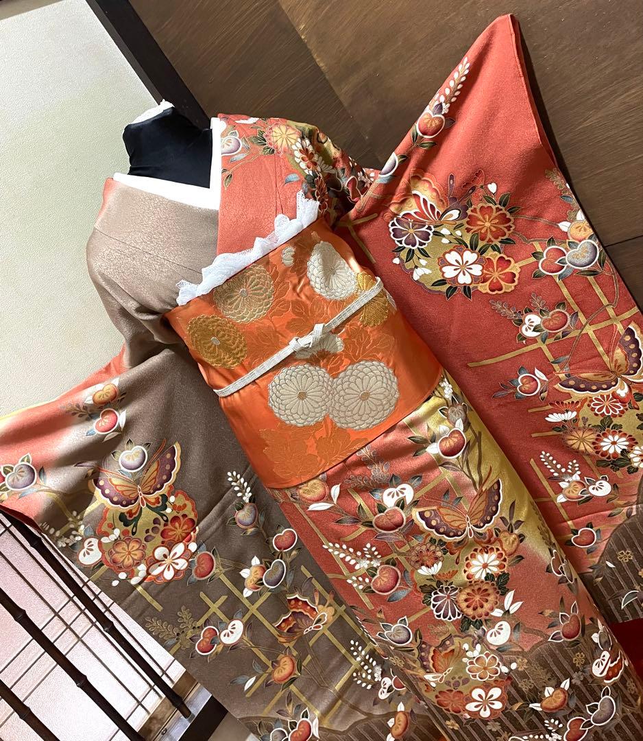 振袖フルセット6点サイズM〜Ｌ舞蝶花文　暈し染め　金彩　正絹