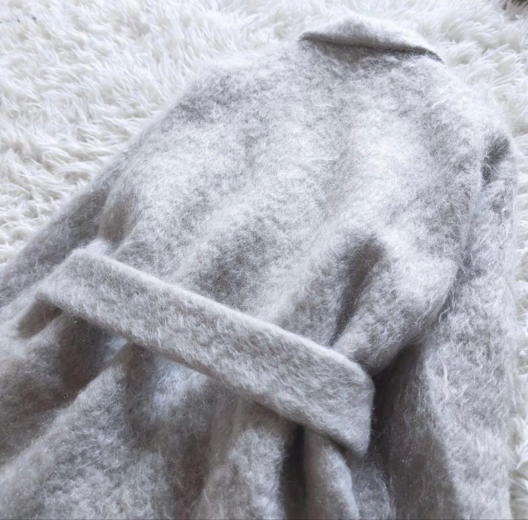 新品同様値引OKウールモヘヤシャギーベルテッドコート Fアイスグレーホワイト