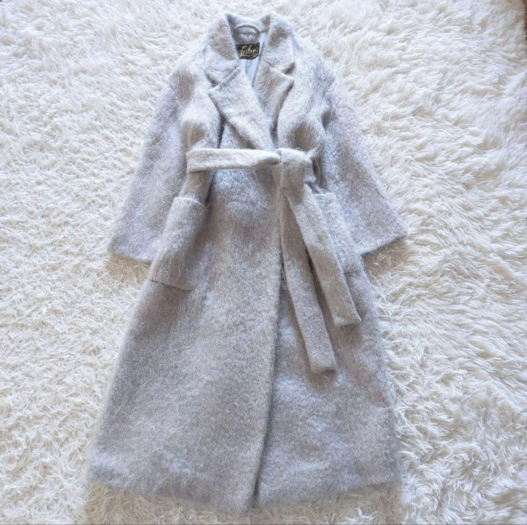 新品同様値引OKウールモヘヤシャギーベルテッドコート Fアイスグレーホワイト