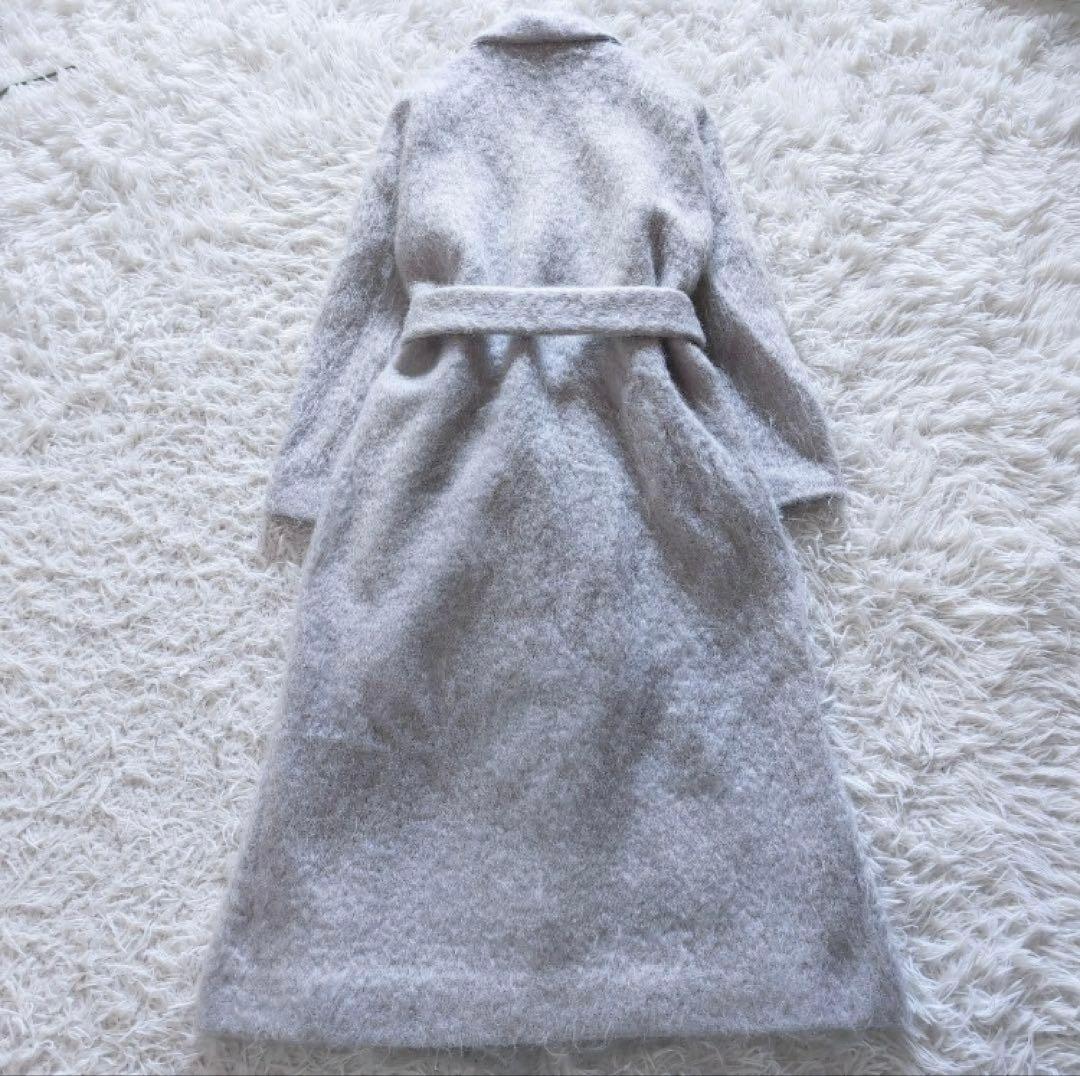 新品同様値引OKウールモヘヤシャギーベルテッドコート Fアイスグレーホワイト