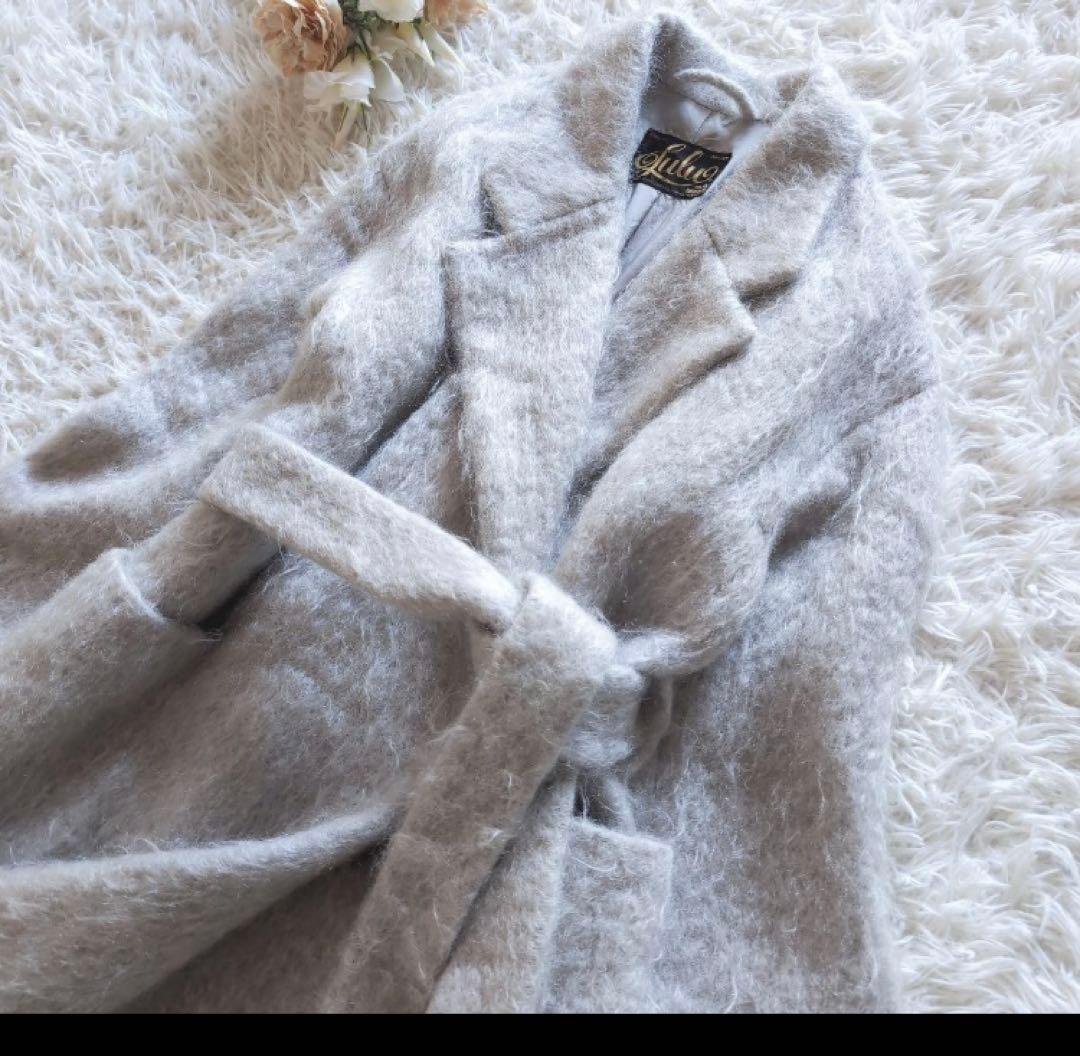 新品同様値引OKウールモヘヤシャギーベルテッドコート Fアイスグレーホワイト