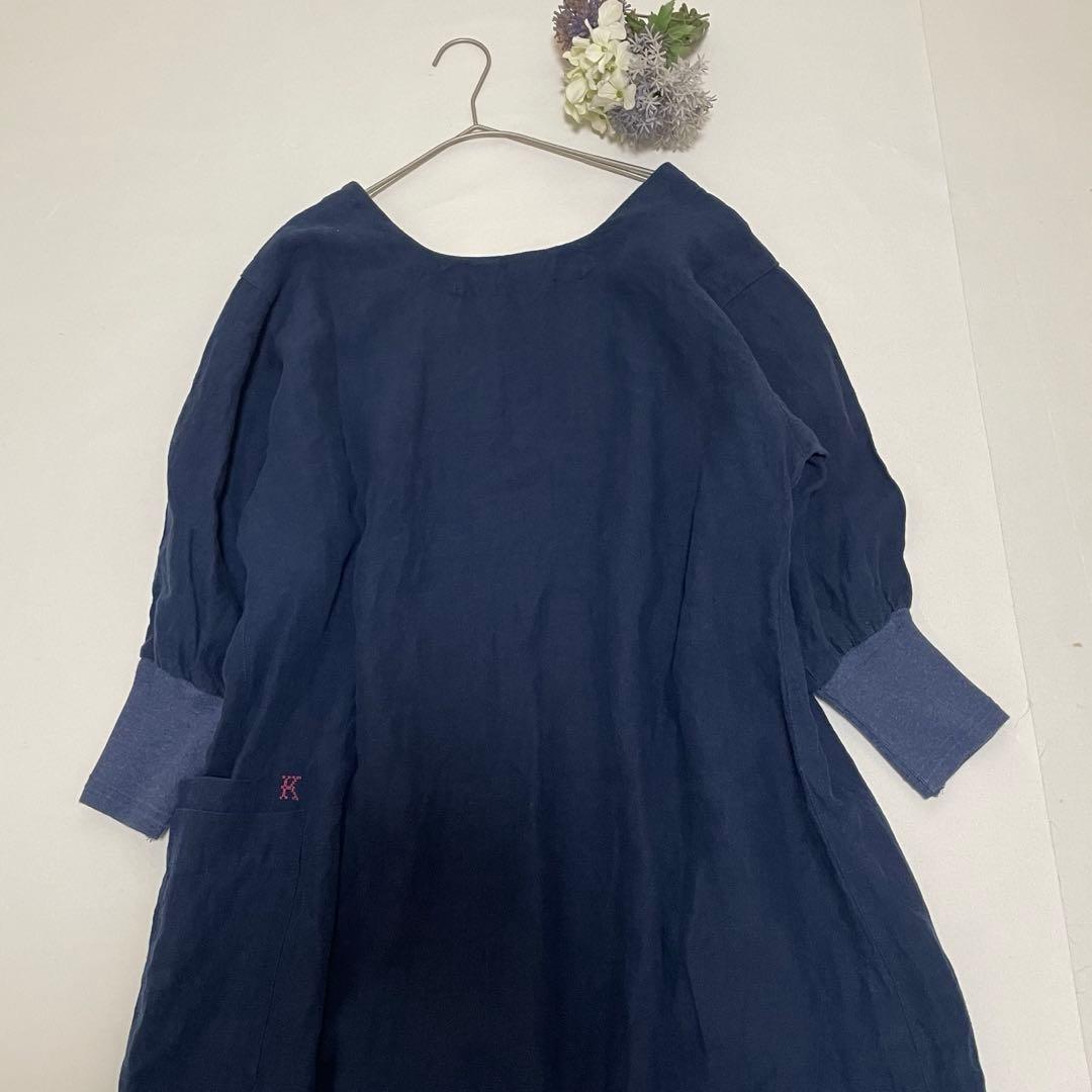 【希少】【レア】【一点物】カポック 割烹着 コート デニム生地 麻 M-L