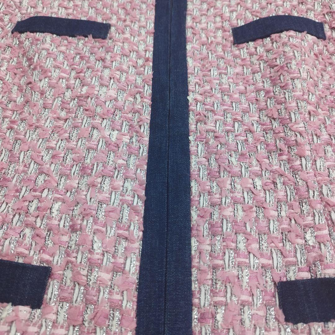 オースチンリード ピンク ツイード パール ビジュー ノーカラー ジャケット