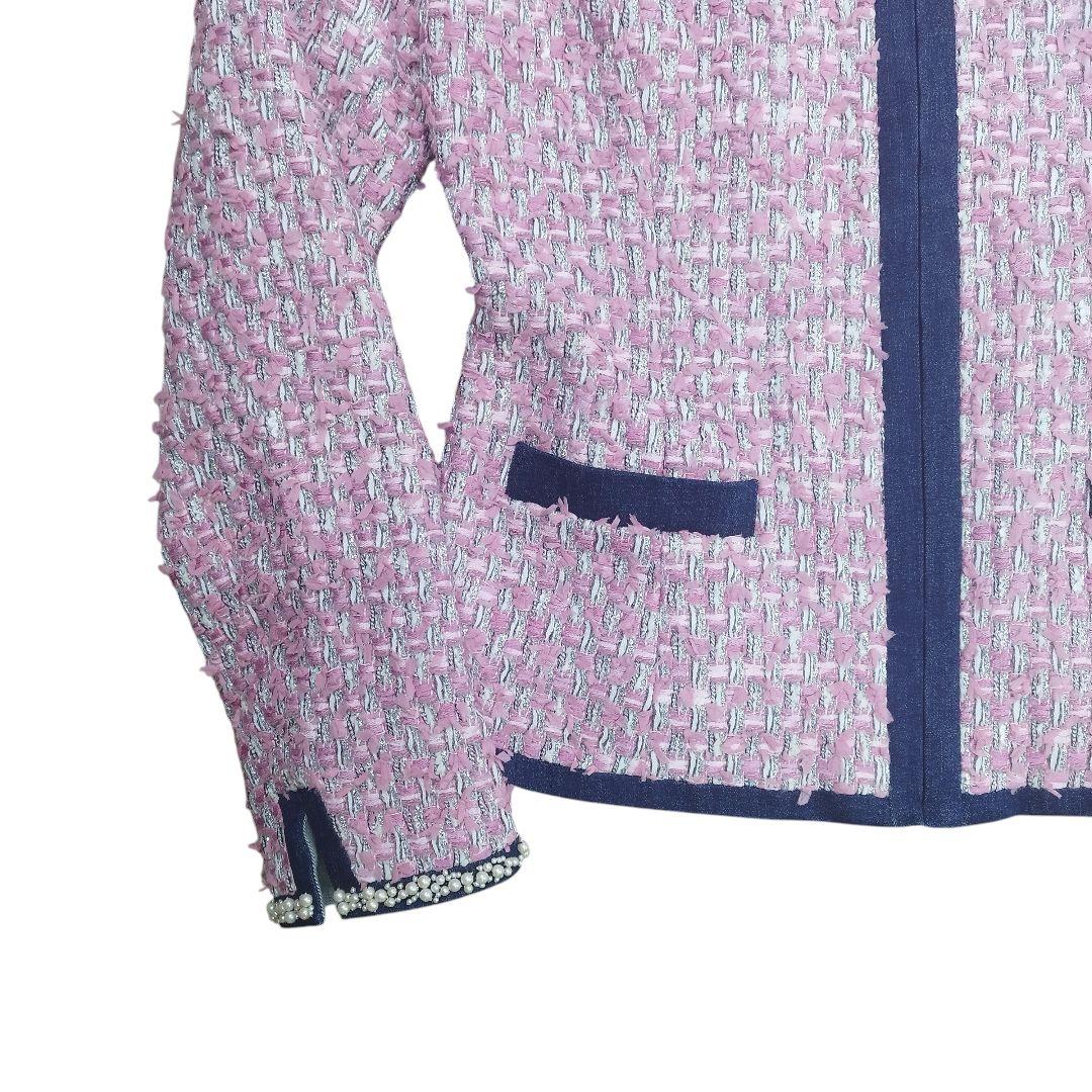 オースチンリード ピンク ツイード パール ビジュー ノーカラー ジャケット