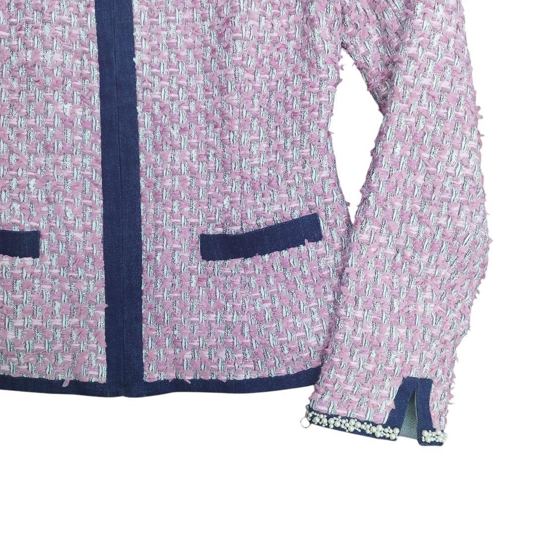 オースチンリード ピンク ツイード パール ビジュー ノーカラー ジャケット
