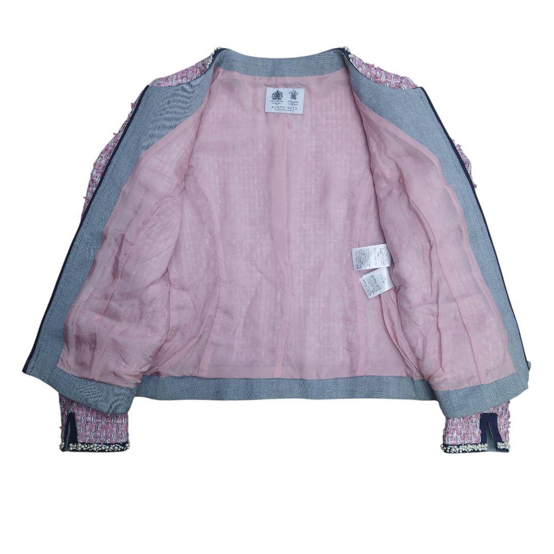 オースチンリード ピンク ツイード パール ビジュー ノーカラー ジャケット