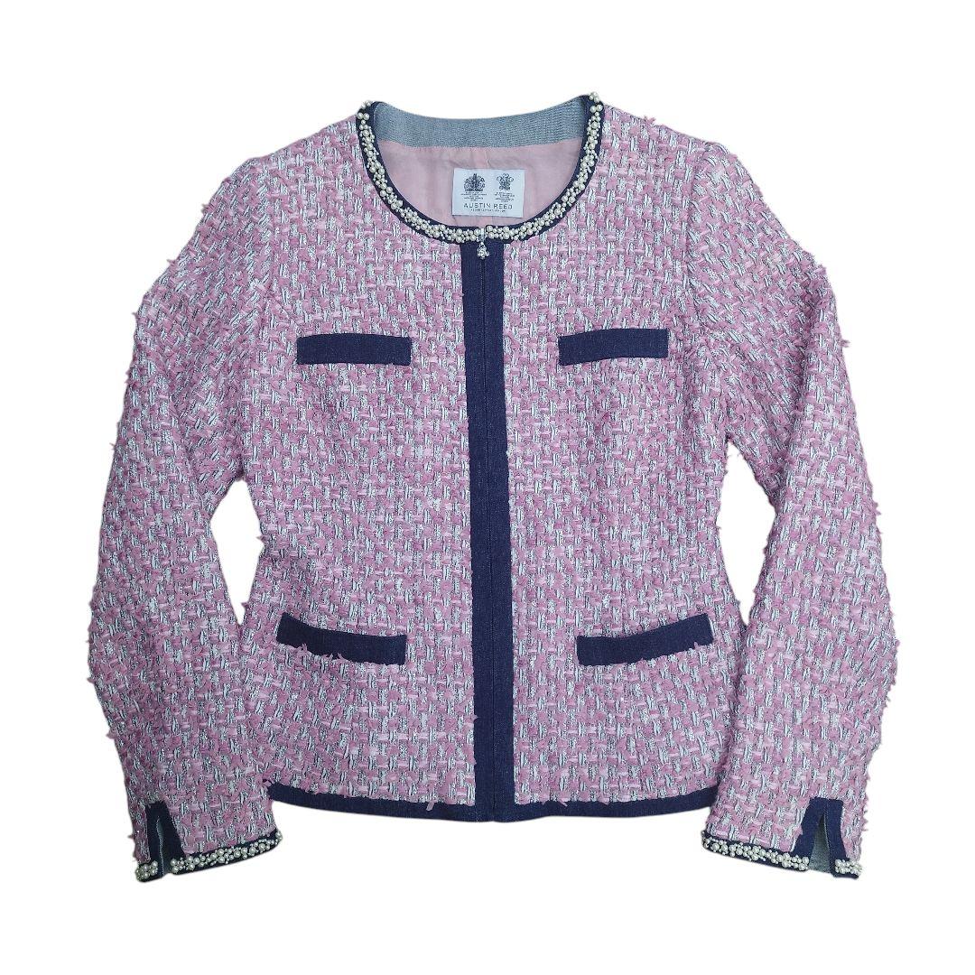オースチンリード ピンク ツイード パール ビジュー ノーカラー ジャケット