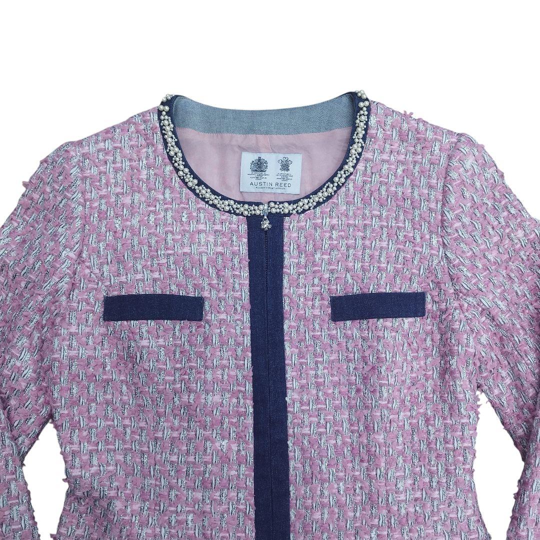 オースチンリード ピンク ツイード パール ビジュー ノーカラー ジャケット