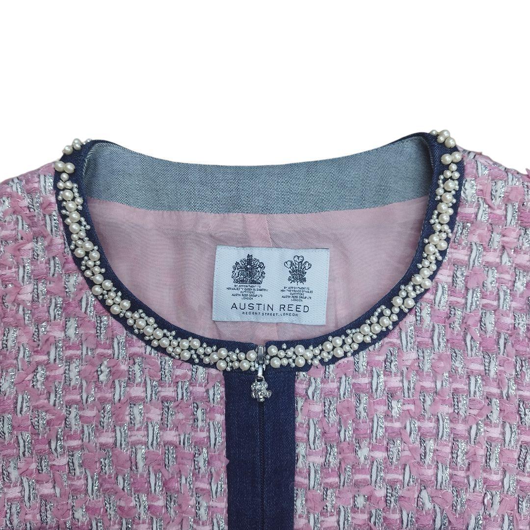 オースチンリード ピンク ツイード パール ビジュー ノーカラー ジャケット