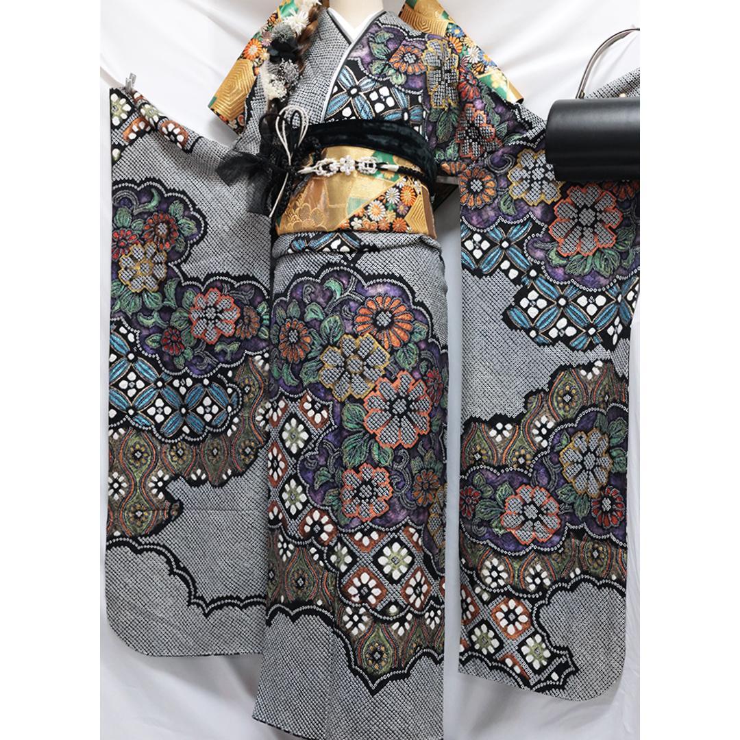 【美品】◆振袖セット◆丈165.5cmフルセット黒総絞り成人式前撮り正絹08HC