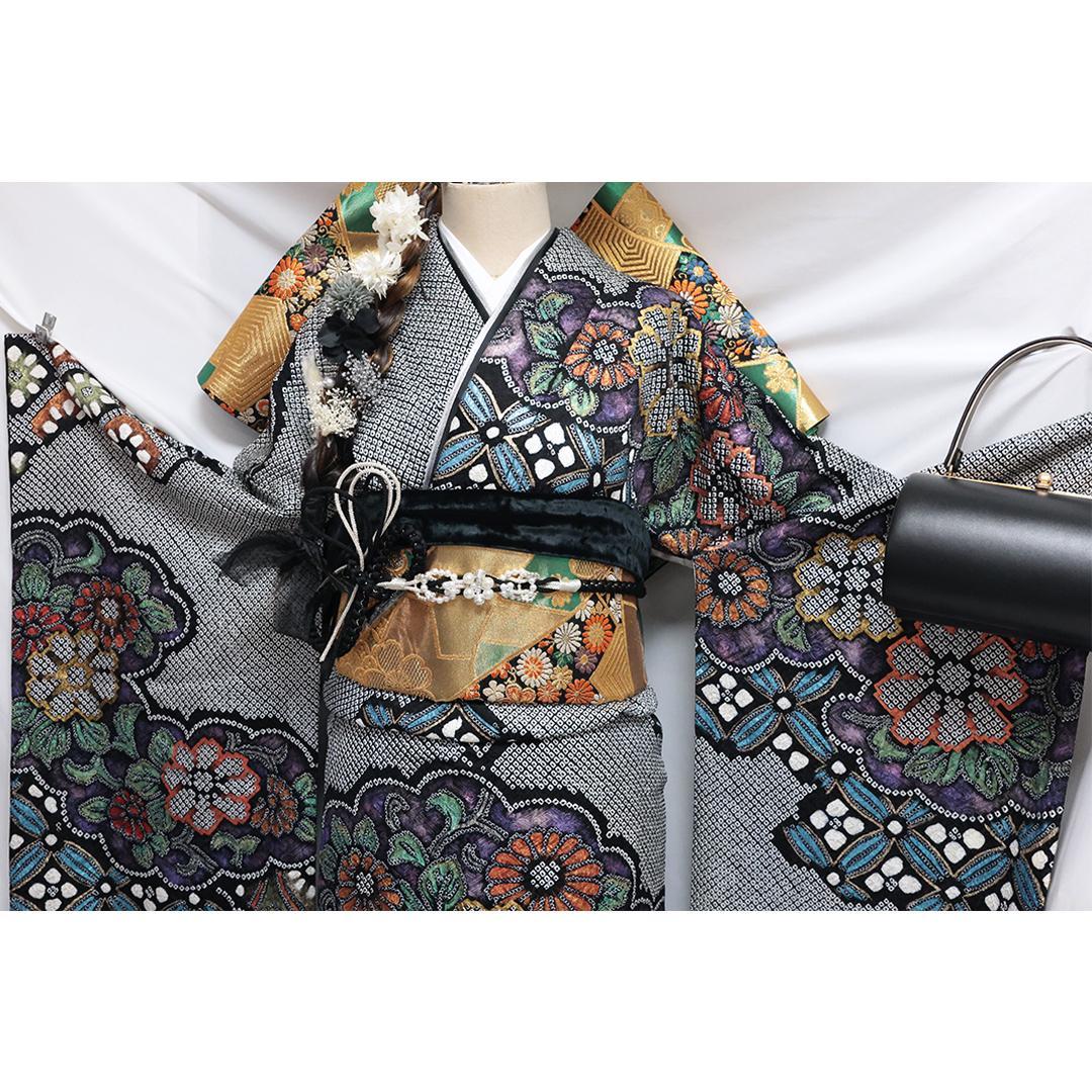 【美品】◆振袖セット◆丈165.5cmフルセット黒総絞り成人式前撮り正絹08HC