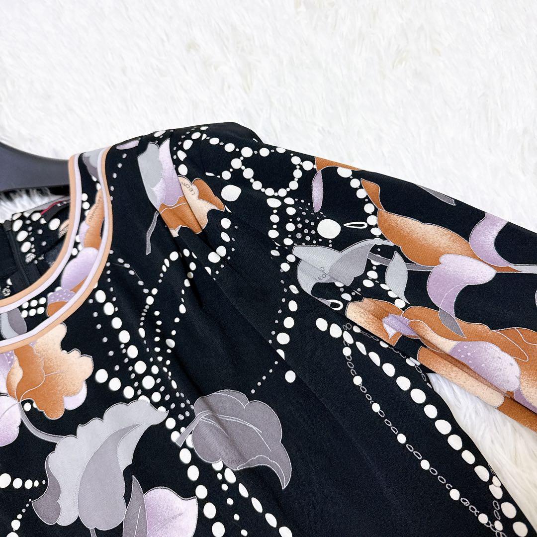 [美品] レオナール　高級✨カンカン　カットソー　花柄　チェーン　ブラック　40