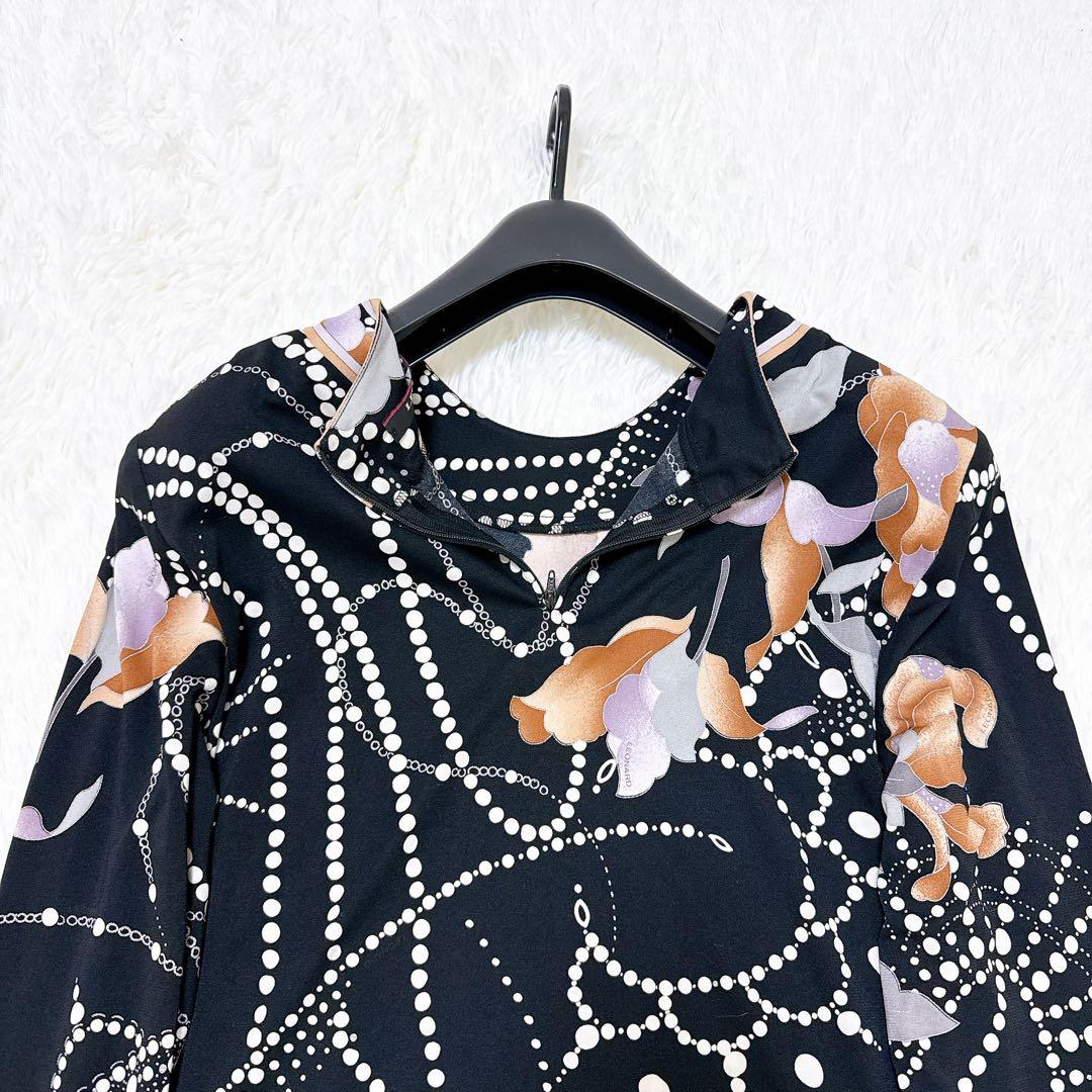 [美品] レオナール　高級✨カンカン　カットソー　花柄　チェーン　ブラック　40