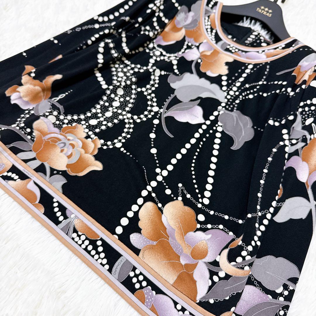 [美品] レオナール　高級✨カンカン　カットソー　花柄　チェーン　ブラック　40