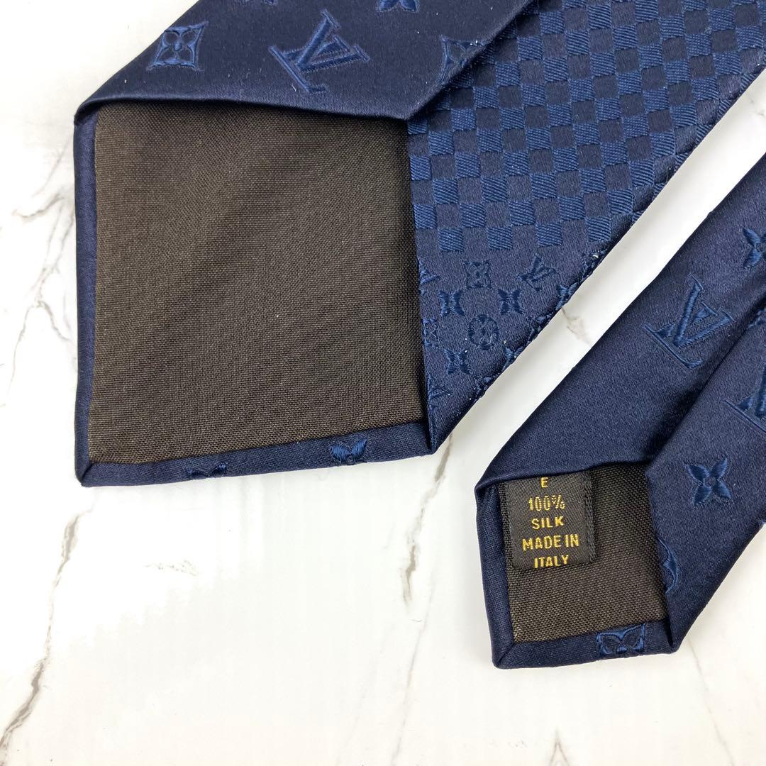 ルイヴィトン　ネクタイ　ミックスモノグラム　ダミエ　ソリッド　ネイビー