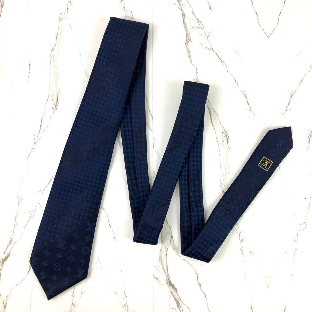 ルイヴィトン　ネクタイ　ミックスモノグラム　ダミエ　ソリッド　ネイビー