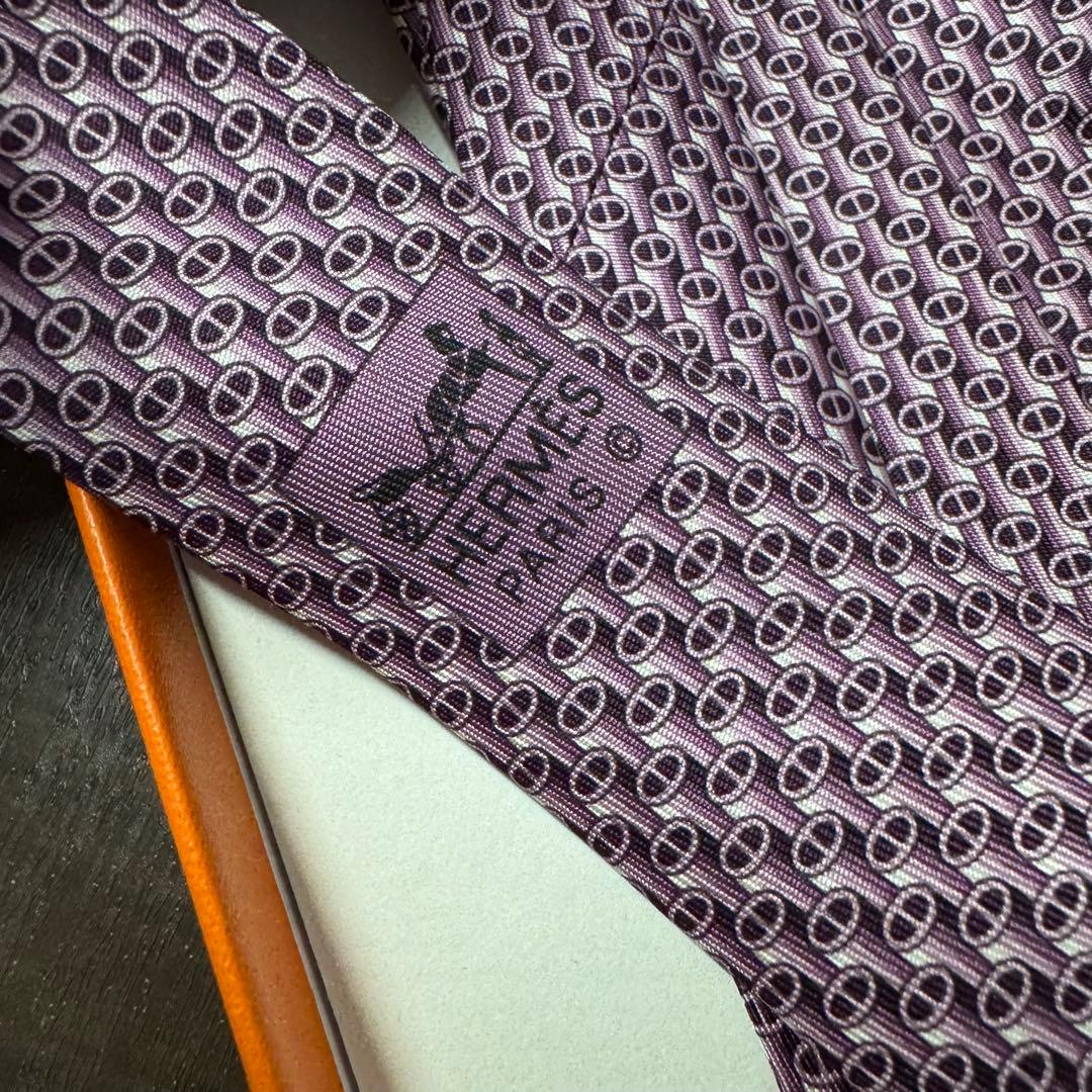 未使用 エルメス シェーヌダンクル アンカーチェーン H柄 ネクタイ パープル