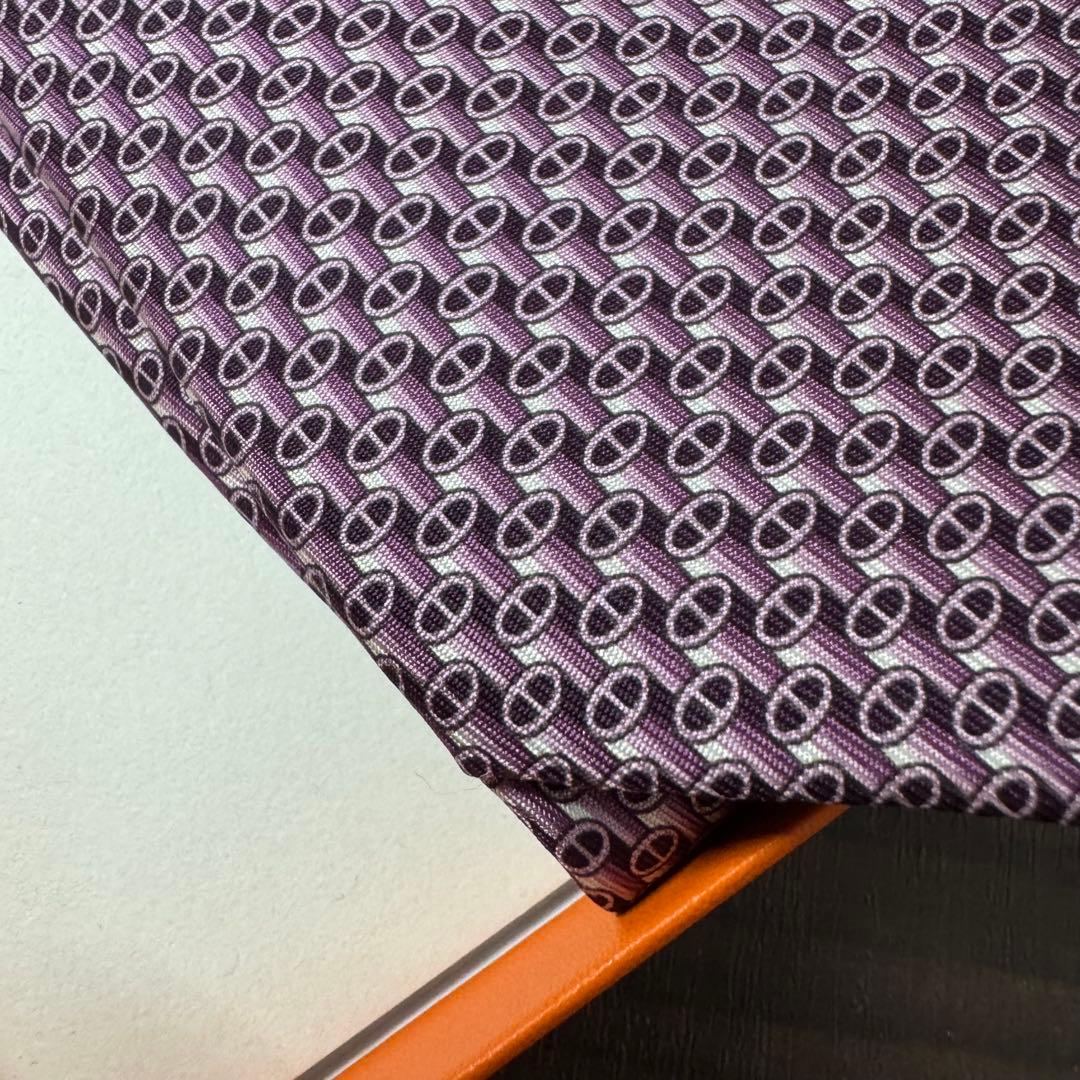 未使用 エルメス シェーヌダンクル アンカーチェーン H柄 ネクタイ パープル